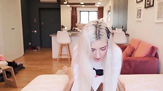 A nice ash-blonde in white takes it deep in her pussy