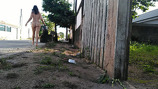 Naked woman walking outdoor completely naked