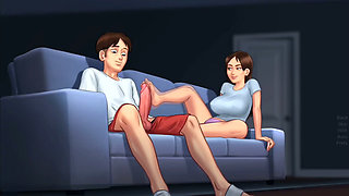 Debbie gives Anon's huge monster cock a surprise footjob - summertime saga gameplay