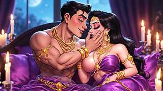 Erotic Fantasy Romance - Golden Jewelry Couple Deep Kissing & Bed Play