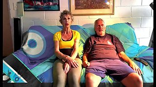 Amateur British MILF Gives Blowjob on Couch While Watching TV - Handjob & Cocksucking with Old Guy