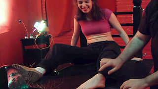 Sativa Tickled by Mystery Hands - This Gorgeous and Topless Girl Is Tickled on Her Feet, Belly, Armpits, and Her Beautiful Ass B