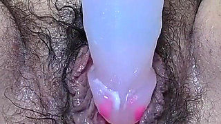 MILF Fucking Hairy Big Labia Cunt with Two Dildos