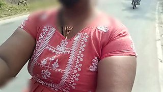 Indian teen with big natural tits rides bike nude in public place - risky outdoor show