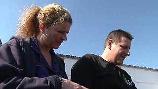 German MILF Sabine Weber Fucked Hard by Colleagues While Laying on Tires - Big Tits Amateur Outdoor Sex
