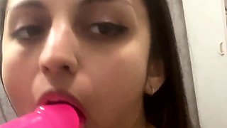Hot daughter hides from her parents and Sucks a Dildo