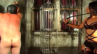 Brunette Dominatrix Teases Her Masked Caged Slave