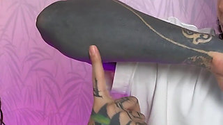 The Girl in Long girl Stockings Bites the Tough Guy