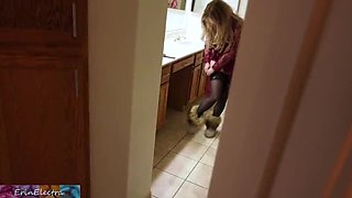 Step-mom Erin gets ready for bed, unaware stepson is watching and jerking off until she catches him and allows it in