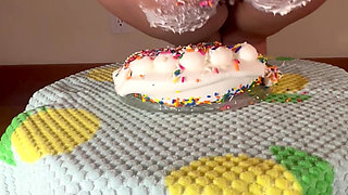 Step mom smashes my birthday cake with her fat pussy