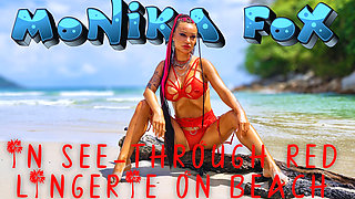 Hot Monika Fox in See-through Red Lingerie on Beach