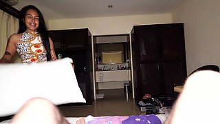 Guy feeding a hot Thai teens hairy pussy