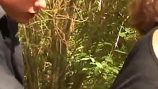 Threesome sex with skinny MILF in wood