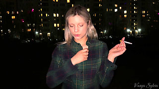 Smoking Blonde with Naked Tits Smokes!