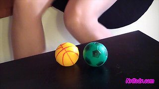 Nyllady Squeezes Rubber Balls Massaging Her Hosed Feet