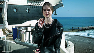 Young Russian Woman Smoking Cigarette Outdoor Terrace