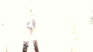 Vulva rubbing close up with blonde handling monster dildo