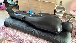 Wife Punishes Her Slave in Full-body-inflate Latex Bag - Estim - Restricted Breathing - Bagged
