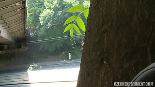 Czech experiment 12: guy cums on a horny adult student in the street