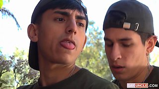 Twink blows another recruits cock then tries anal sex