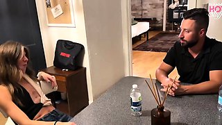 Tattooed busty brunette with foot fetish does hot footjob