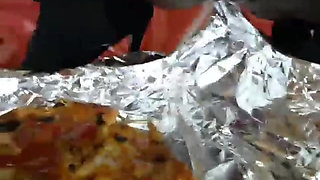 Naughty gurl pees on pizza