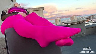 Pink Nylon Tease on the Rooftop at Sunset - Feet and Big Ass