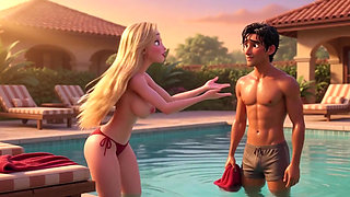 Elegant Blonde Boss Enjoys Pool with Young Gardener While Husband Away (ai Generated)
