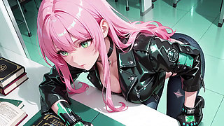 Pink-Haired Leather Tech! Private vibes in a neon-lit cyber corridor.