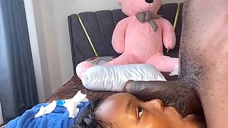 Sexy ebony girl asks her boyfriend to lick her pussy and then fists it, moaning in pleasure