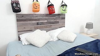 Small tits blonde in glasses toying