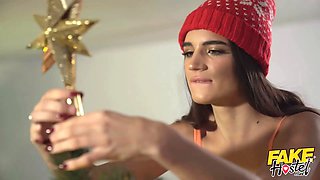 Faux hostel - two nasty girls get stuck under xmas tree - petite thin french beauty with petite arse and dark haired tanlines