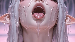 White haired elf in slime, kissing and licking
