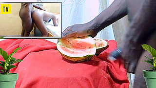 Teen Fucking watermelon while watching porn movie of Dicksex and Givensex fucking together till I got CUM, so wet and hot pussy!