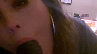 Tan stud gives a POV blowjob to his big cock