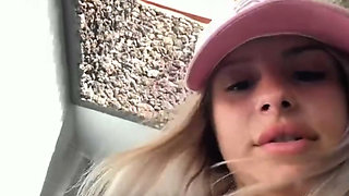 18 Year Old Italian Webcam Star Blonde Does a Striptease and Fucks Herself with a Dildo on the Terrace