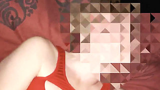 Wife in Red Mini Dress and Chastity Husband, Playing with Big Dildo