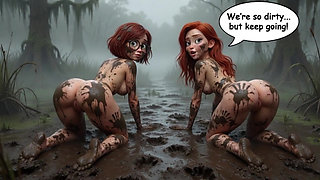 Two stunning women lose their clothes in a dark swamp searching for their friend and end up naked in the mud (AI generated)