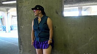 Short and thick brunette outdoor pising and public flashing