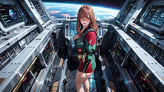 Inside the Sci-Fi Train, she wears a tight green armor, touching her red lips while gazing at the galaxy through the porthole.