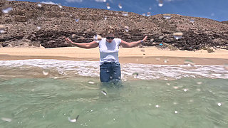 Girl Wetting Jeans in the Ocean and Swimming in Wet White T-shirt