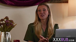 Lesbos Charlotte Sins and Scarlett Bloom poked massagist Addison