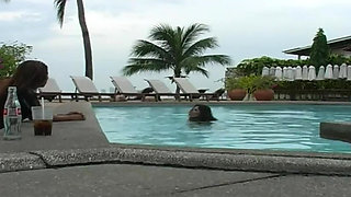 2 sexy Latina's presenting latex fetish in the pool and on the beach