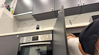 Hot tattooed blonde long hair beauty in the kitchen takes her panties off to show her meaty pussy and sexy ass