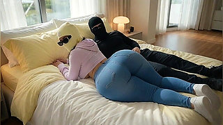 Petite Big Ass Girl in Jeans Lying on Bed with Husband
