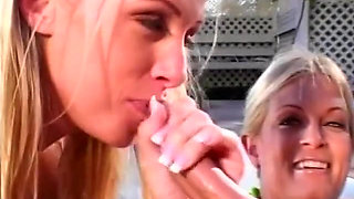 Gorgeous blondes eaten out and fucked by the poolside