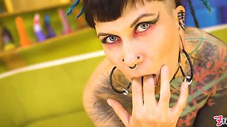 Punk queen taunts little boobs & nipples then takes aggressive doggystyle, dripping facial