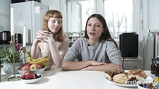 Bonnie kitchen chat then lesbian face-sitting on grey bed