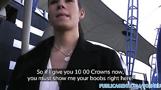 He cums over her tits in a garage