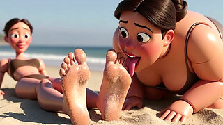 Fat Woman Licking Sandy Feet of Skinny Girl - Beach Humiliation